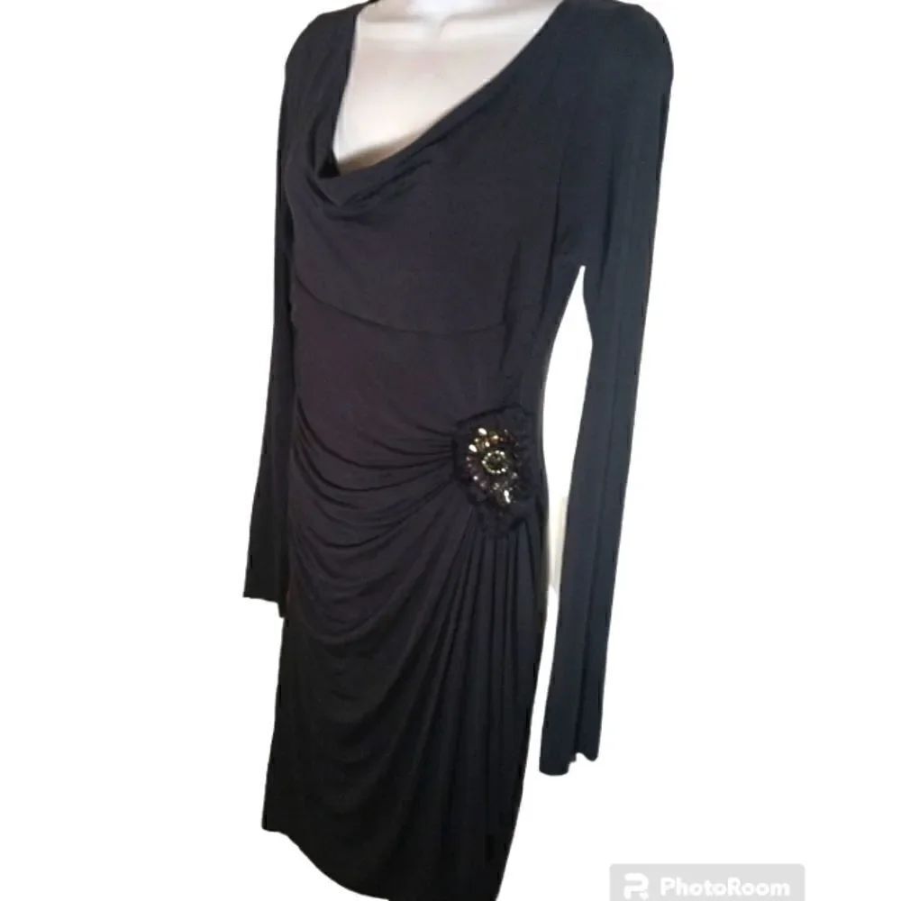 Bailey 44 black ruched wrap jersey knit long sleeve dress with jeweled accent M